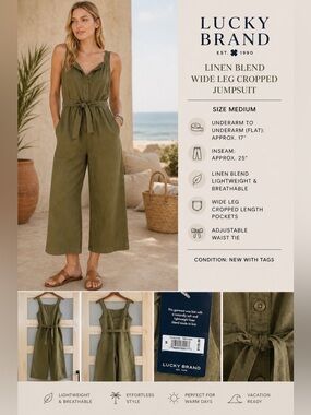 Lucky Brand Linen Blend Wide Leg Cropped Jumpsuit Size M Olive Green Belted NWT